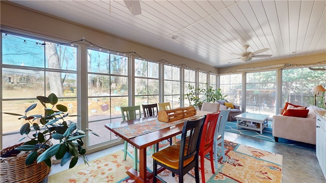 sunroom / solarium featuring wooden ceiling and a ceiling fan