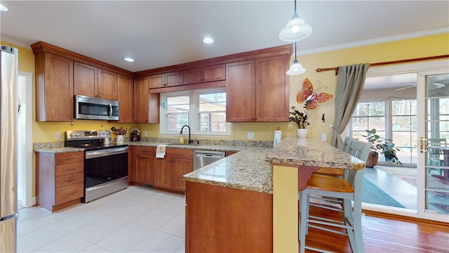 kitchen with appliances with stainless steel finishes, a peninsula, crown molding, a healthy amount of sunlight, and a sink