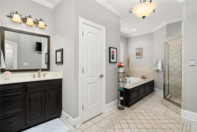 bathroom with a stall shower, baseboards, ornamental molding, tile patterned floors, and a garden tub