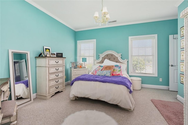 bedroom with carpet floors, multiple windows, visible vents, and a notable chandelier