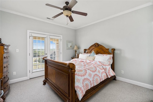 bedroom featuring light colored carpet, visible vents, baseboards, access to outside, and ornamental molding