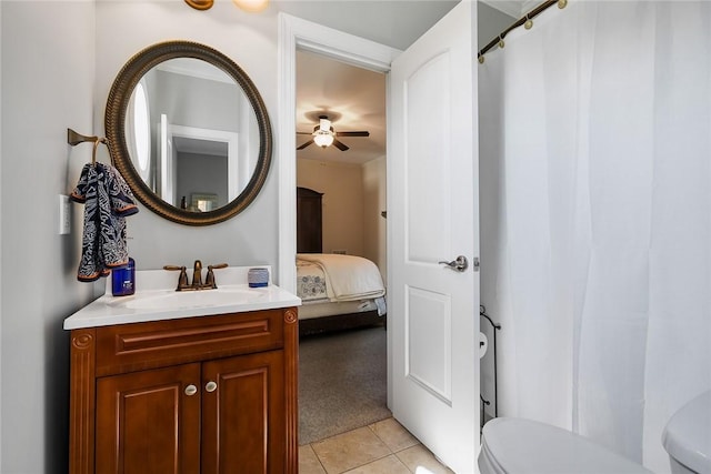 bathroom with tile patterned flooring, ceiling fan, vanity, and toilet