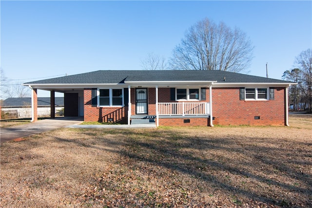 single story home featuring crawl space, a porch, an attached carport, and brick siding