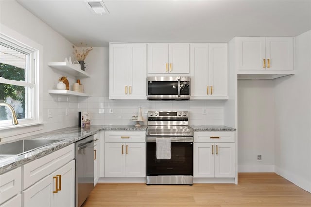 kitchen featuring light wood-type flooring, white cabinetry, stainless steel appliances, and a sink