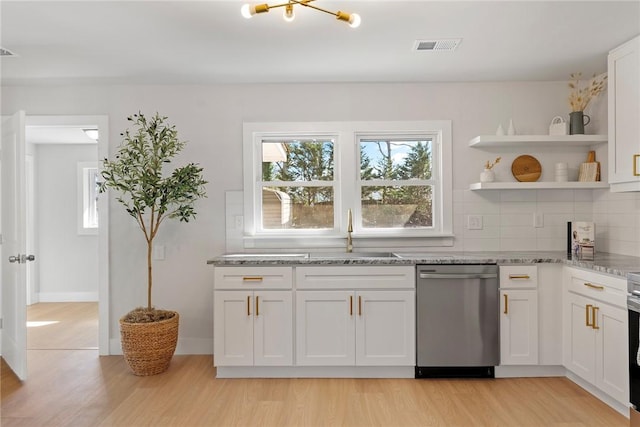 kitchen featuring light stone counters, light wood-style flooring, white cabinetry, a sink, and dishwasher