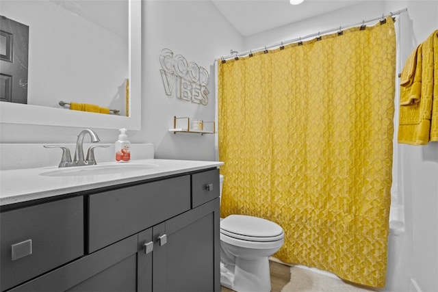 bathroom featuring vanity, curtained shower, toilet, and wood finished floors