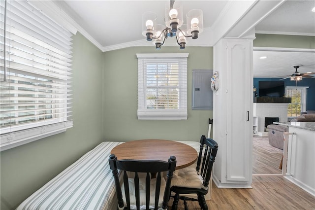 dining room with ceiling fan with notable chandelier, ornamental molding, plenty of natural light, and wood finished floors