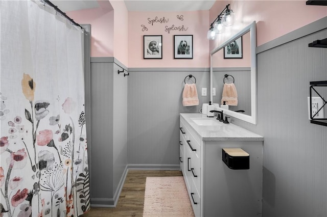 bathroom featuring a shower with curtain, wainscoting, vanity, and wood finished floors