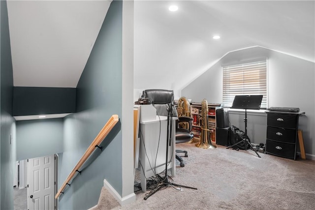 office featuring baseboards, vaulted ceiling, carpet flooring, and recessed lighting