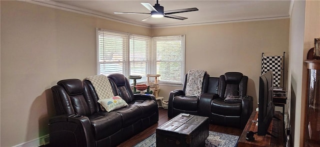 living area with ceiling fan, crown molding, and wood finished floors