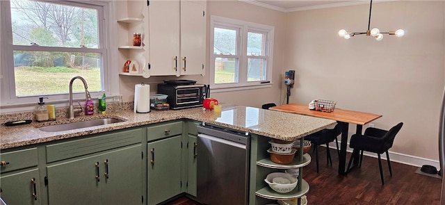 kitchen featuring a sink, green cabinets, ornamental molding, stainless steel dishwasher, and open shelves