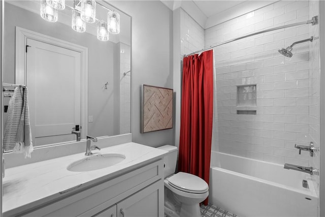 full bathroom featuring toilet, shower / bathtub combination with curtain, and vanity