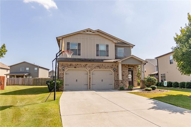 craftsman house with an attached garage, brick siding, fence, board and batten siding, and a front yard