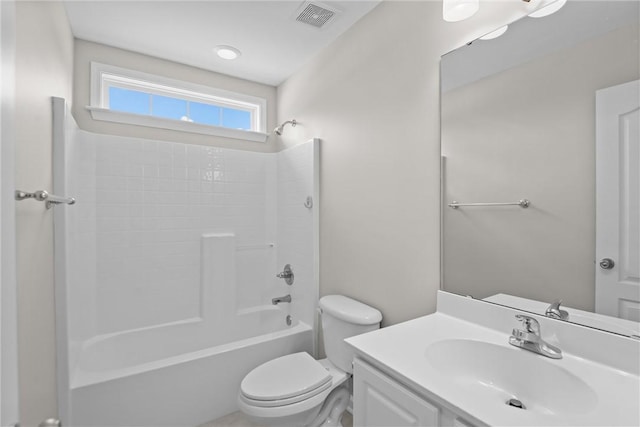 full bathroom featuring toilet, visible vents,  shower combination, and vanity