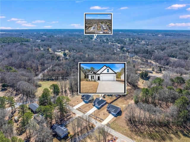 bird's eye view with a wooded view