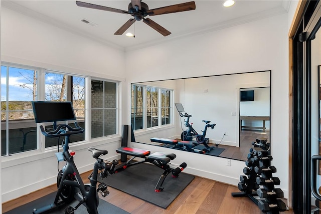 exercise area with ornamental molding, visible vents, baseboards, and wood finished floors