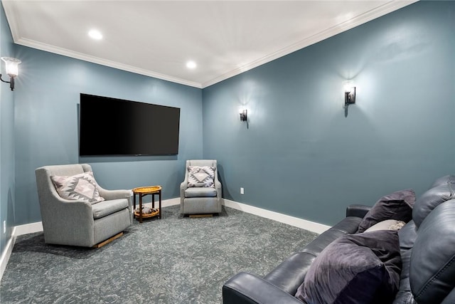 home theater featuring carpet, baseboards, crown molding, and recessed lighting