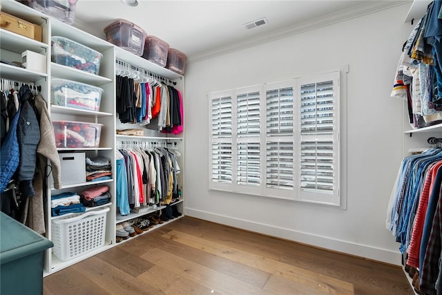 walk in closet featuring wood finished floors and visible vents