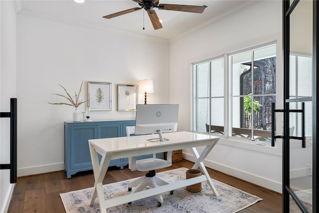 office featuring ceiling fan, ornamental molding, wood finished floors, and baseboards