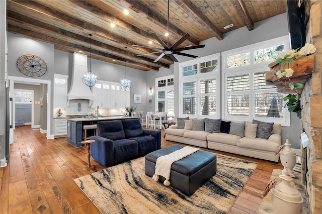 living room with light wood-type flooring, wooden ceiling, a towering ceiling, and beamed ceiling