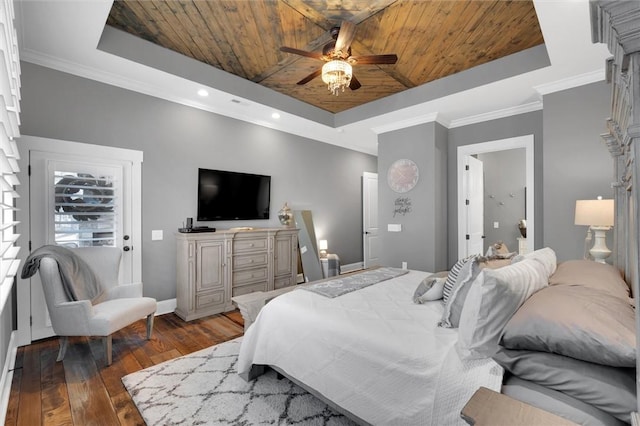 bedroom featuring dark wood-type flooring, a raised ceiling, and wooden ceiling