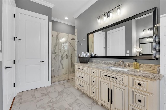 full bath featuring marble finish floor, a marble finish shower, vanity, and crown molding