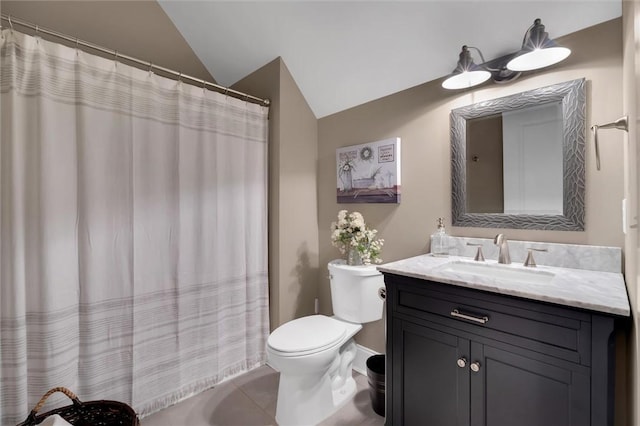 bathroom featuring a shower with shower curtain, toilet, tile patterned floors, vaulted ceiling, and vanity