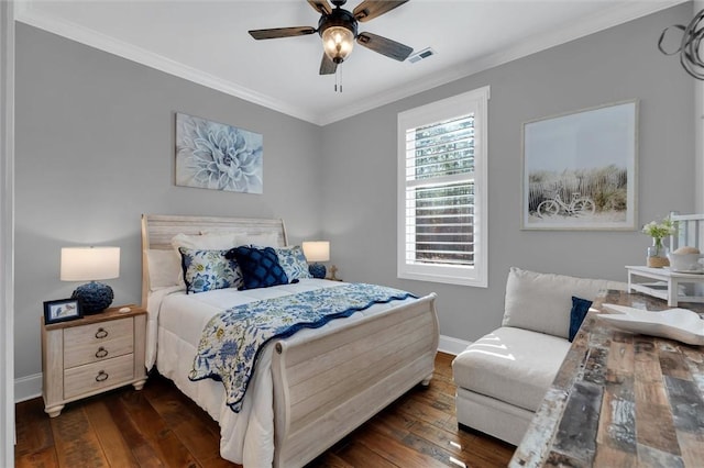 bedroom featuring ornamental molding, dark wood-style flooring, visible vents, and baseboards