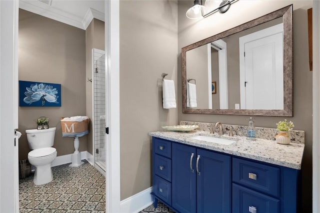 full bath with toilet, baseboards, crown molding, and vanity