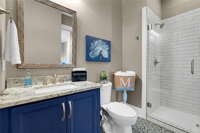 full bath featuring toilet, a shower stall, and vanity