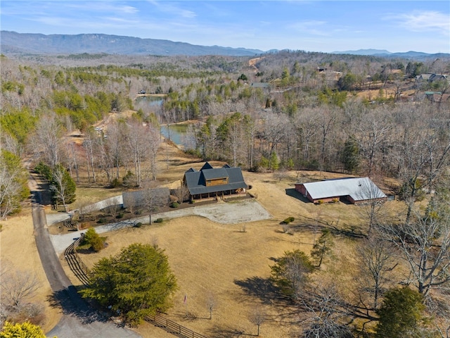 drone / aerial view featuring a mountain view and a wooded view