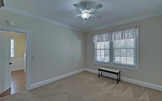 unfurnished room featuring baseboards, ornamental molding, carpet flooring, and a healthy amount of sunlight