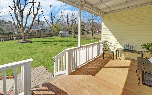 wooden deck featuring fence and a lawn