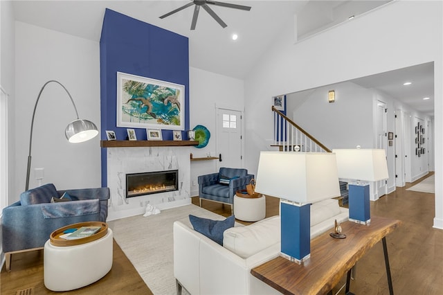 1230 Melton Rd Unit 215, West Union, SC 29696 - living area featuring recessed lighting, ceiling fan, high vaulted ceiling, a glass covered fireplace, and wood finished floors