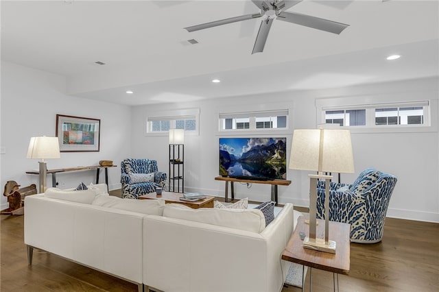 1230 Melton Rd Unit 215, West Union, SC 29696 - living area with visible vents, baseboards, recessed lighting, wood finished floors, and a ceiling fan