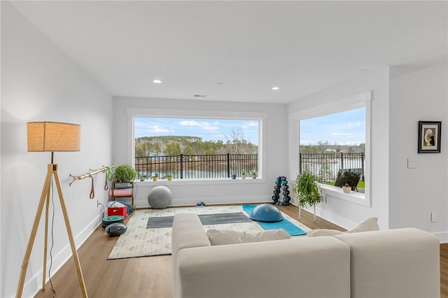 1230 Melton Rd Unit 215, West Union, SC 29696 - living area with baseboards, recessed lighting, wood finished floors, and a water view