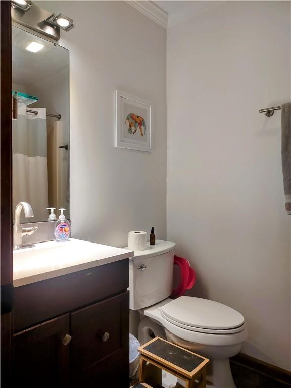 bathroom featuring ornamental molding, vanity, toilet, and a shower with curtain