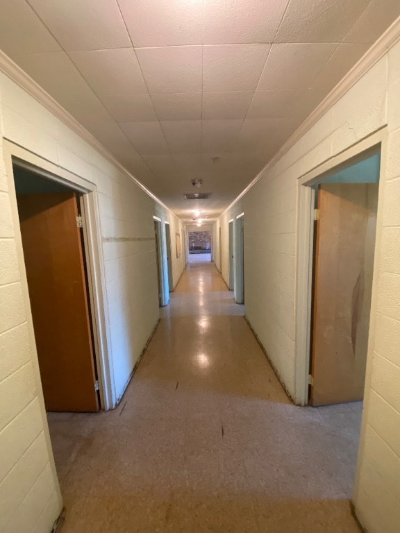 hall with concrete block wall and ornamental molding