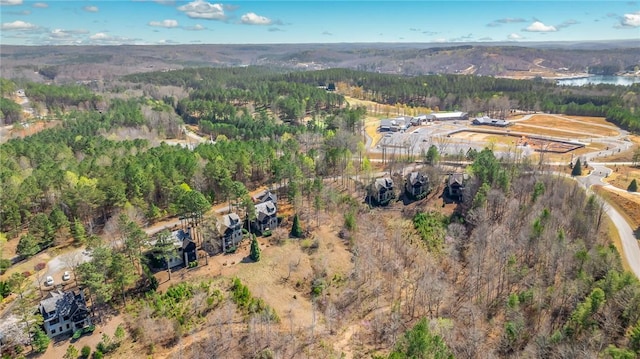 bird's eye view with a wooded view