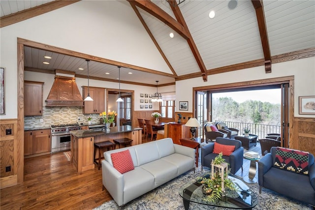 living room with high vaulted ceiling, a wainscoted wall, dark wood-type flooring, wood walls, and beamed ceiling