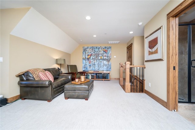 carpeted living room with recessed lighting, visible vents, and baseboards