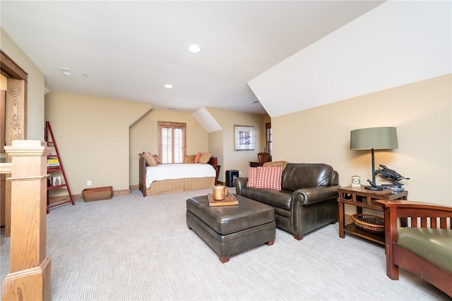 bedroom with recessed lighting, baseboards, and light colored carpet