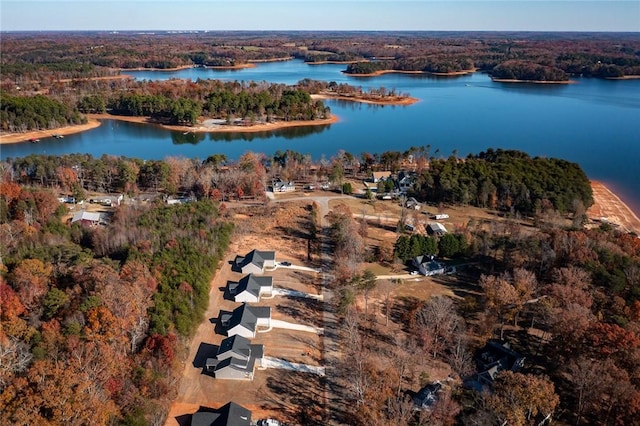 aerial view featuring a water view and a view of trees