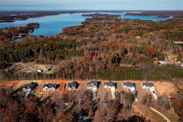 bird's eye view with a water view and a view of trees