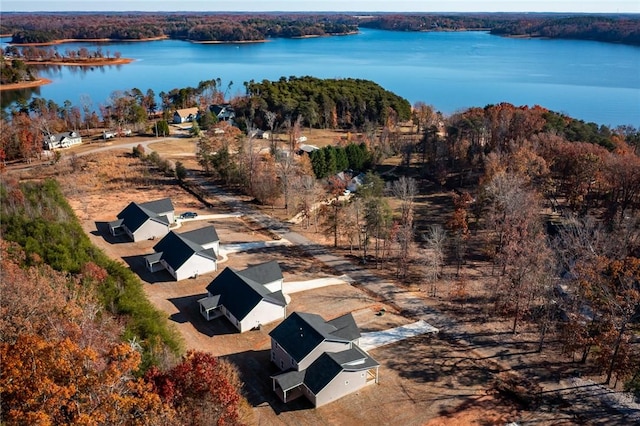 bird's eye view with a water view and a wooded view