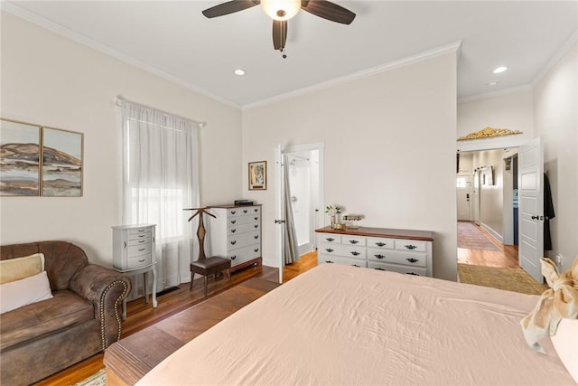 bedroom with ornamental molding, recessed lighting, a ceiling fan, and wood finished floors