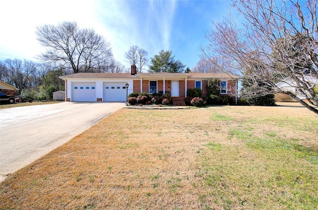 ranch-style house with brick siding, a chimney, an attached garage, driveway, and a front lawn