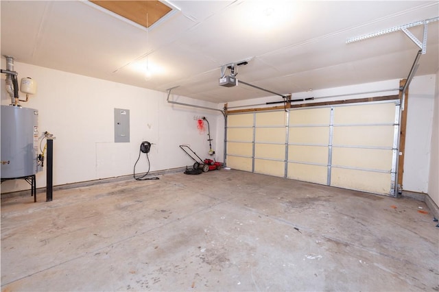 garage with water heater, electric panel, and a garage door opener