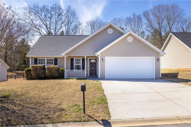 ranch-style home with a porch, an attached garage, driveway, roof with shingles, and a front yard