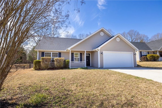 ranch-style home featuring a porch, an attached garage, fence, driveway, and a front yard